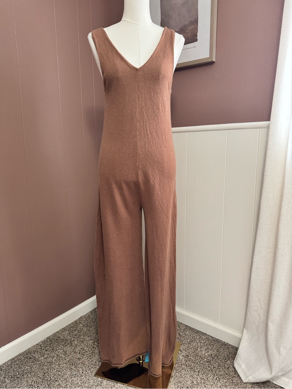 NakedCashmere Brown Sleeveless V-Neck Knit Jumpsuit Minimalist Quiet Luxury